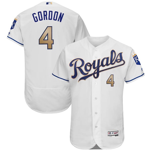 Men's Kansas City Royals #4 Alex Gordon White/Gold Flex Base Stitched Jersey Men's Kansas City Royals #4 Alex Gordon White/Gold Flex Base Stitched Jersey